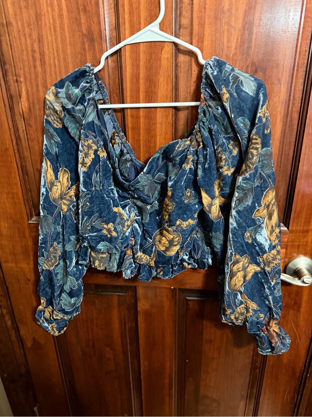 By Together Navy Floral Cropped Peasant Top with Mustard Accents